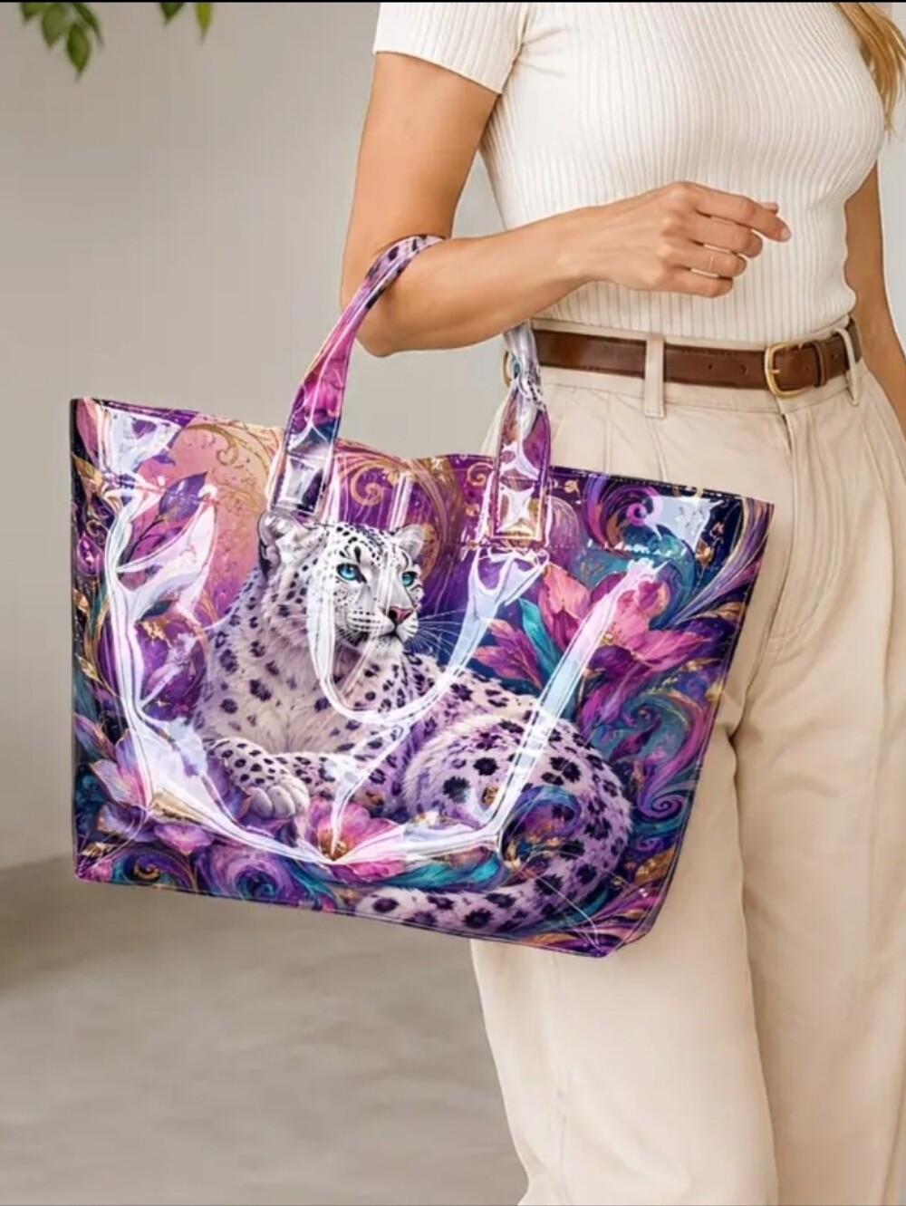 Women Beautiful Snow Leopard PVC Tote Daily Commute Hand Bag Large - Picture 3 of 9